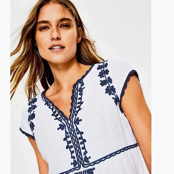 Boden Bea Linen Embroidered Dress - Cabin Blue Ticking Stripe Size US 2 (2R) - Picture 7 of 16